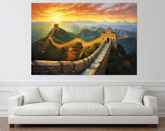 Great Wall of China Sunset Painting Canvas Print, Chinese Wall Art, China Painting, Framed and Ready to Hang