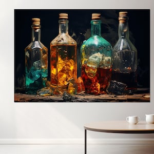 Bottles with Alcohol Abstract Painting, Alcohol Canvas Print, Alcohol Wall Art, Framed and Ready to Hang