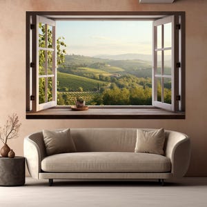 Open Window with Tuscany View Canvas Print, Tuscany Painting, Mountains View Window Wall Art, Framed and Ready to Hang