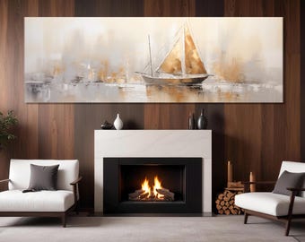 May include: A painting of a sailboat on a calm body of water. The sailboat is white with a gold sail and is set against a background of soft, muted colors. The painting is framed and hanging on a wall.
