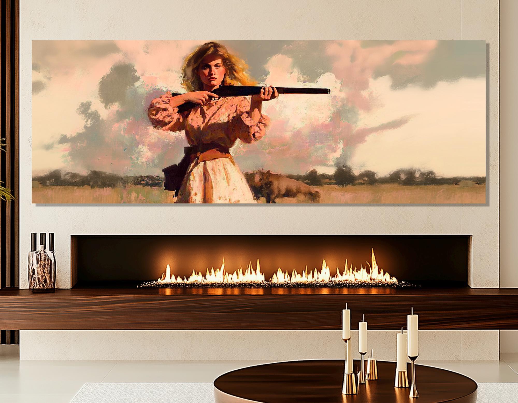 Woman With a Gun Retro Style Canvas Print, Retro Woman With Rifle
