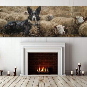 Border Collie Herding Sheep Abstract Painting Canvas Print, Rustic Wall Decor, Farmhouse Wall Art, Shepherd Gift, Framed and Ready to Hang