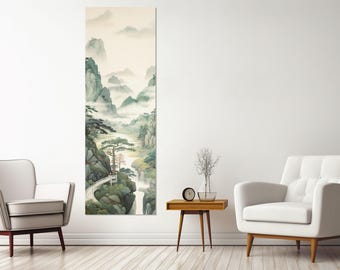 Scenery Asian Mountains Canvas Print, Asian Wall Art, Abstract Mountains Painting, Asian Wall Decor, Vertical Art, Framed and Ready to Hang