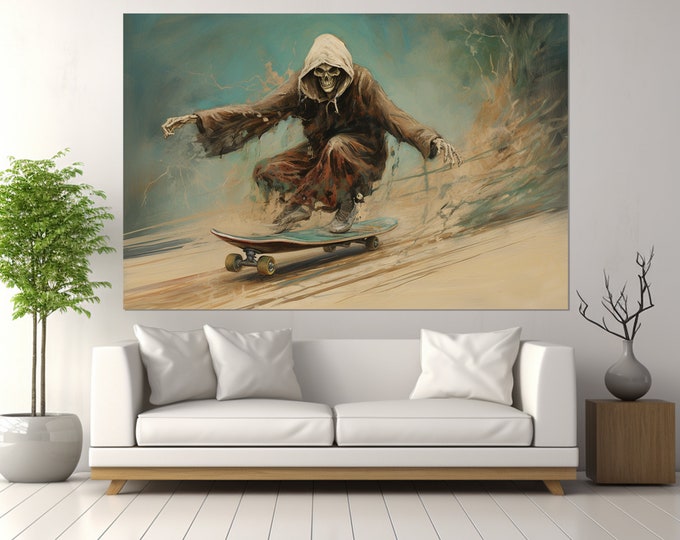 Death on a Skateboard Canvas Print, Abstract Skateboarding Wall Art, Vintage Skateboarding Poster, Framed and Ready to Hang