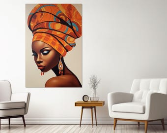 Retrato de mujer africana, lienzo de mujer africana, impresión de mujer negra, enmarcado y listo para colgar.