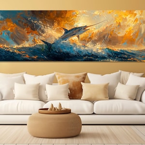 Marlin Leinwanddruck, Angeln Wandkunst, Marlin Sprung Malerei, Fischer Geschenk, Angeln Wanddekor, Angeln Poster, gerahmt und fertig zum Aufhängen