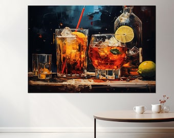 Abstract Alcohol Drinks Painting Canvas Print, Alcohol Wall Art, Alcohol Canvas Art, Barman Gift, Framed and Ready to Hang