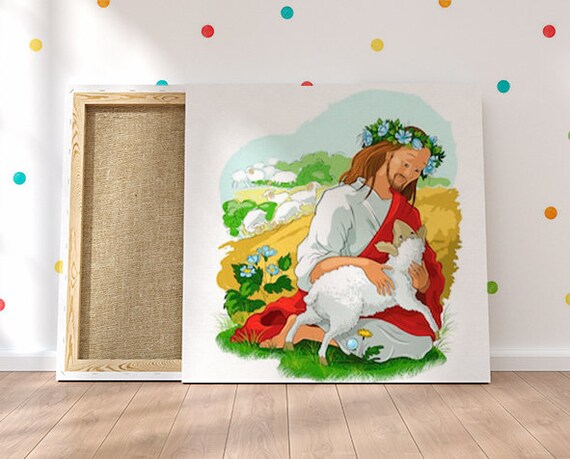 Jesus Baby Room Canvas Art Christian Nursery Decor Angels Kids Room Wall Art Angel Poster Jesus Wall Art Lamb Children Gift Canvas Nursery