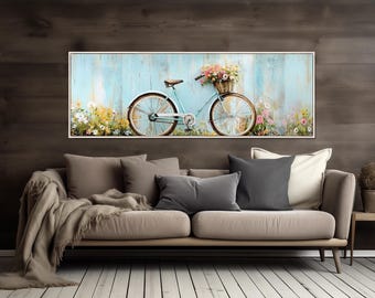 Vintage Bicycle with Flower Basket Canvas Print, Floral Wall Decor, Framed and Ready to Hang