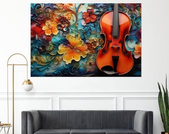 Violin in Flowers Abstract Canvas Print, Violin Wall Art, Framed and Ready to Hang