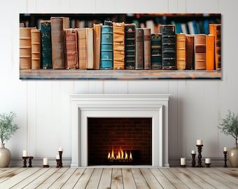 Shelf with Old Books Canvas Print, Library Wall Art, Abstract Bookshelf Poster, Reading Wall Art, Retro Books Print, Framed & Ready to Hang