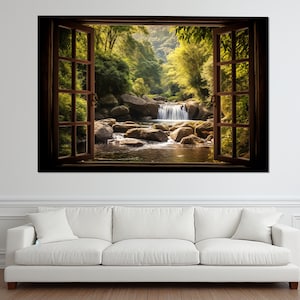 Open Window with Scenic Waterfall View Painting Canvas Print, Faux Window Canvas Art, Framed and Ready to Hang