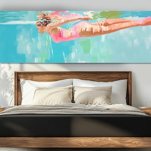 Beautiful Lady Swimming Painting Canvas Print, Swimming Wall Art, Swimming Pool Wall Decor, Swimmer Gift, Framed and Ready to Hang