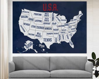 Mapa de EE. UU. estilo vintage, lienzo, impresión de mapa de Estados Unidos, arte de pared, mapa de viaje de EE. UU. con chinchetas, regalo para viajeros