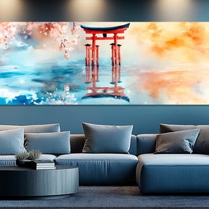 Torii Gate Panoramic Painting Canvas Print, Japan Wall Art, Japanese Wall Decor, Shintoism, Shinto Symbol Poster, Framed and Ready to Hang