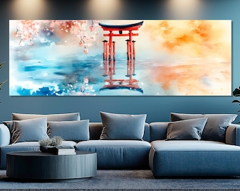 Torii Gate Panoramic Painting Canvas Print, Japan Wall Art, Japanese Wall Decor, Shintoism, Shinto Symbol Poster, Framed and Ready to Hang