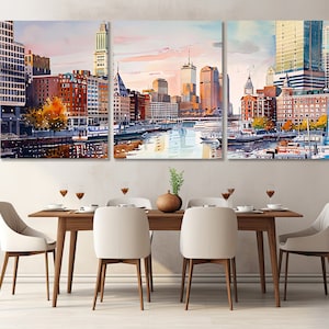 Boston Innenstadt Panorama Gemälde Leinwanddruck, Boston Skyline, Boston Wandkunst, gerahmt und fertig zum Aufhängen