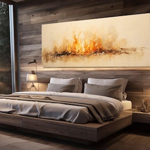 May include: A bedroom with a wooden wall and a large abstract painting of a fire above a bed with a wooden frame. The bed has a white duvet and brown pillows. There are two lamps on the nightstands.