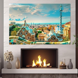 Park Guell In Barcelona Canvas Print, Barcelona Wall Art, Barcelona Print Barcelona Poster, Barcelona Painting, Framed and Ready to Hang