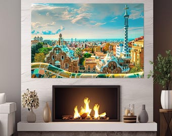 Park Guell In Barcelona Canvas Print, Barcelona Wall Art, Barcelona Print Barcelona Poster, Barcelona Painting, Framed and Ready to Hang
