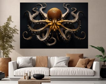 Abstract Octopus Canvas Print, Octopus Wall Art, Sea Monster Poster, Framed and Ready to Hang