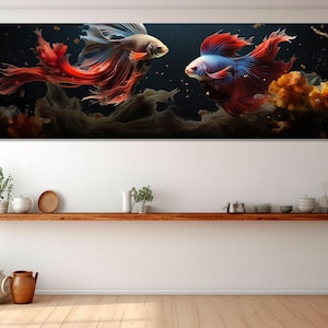 Könnte beinhalten: Zwei Betta-Fische, einer rot und einer blau, mit fließenden Flossen, schwimmen in einem dunklen Hintergrund mit orangefarbener Koralle.