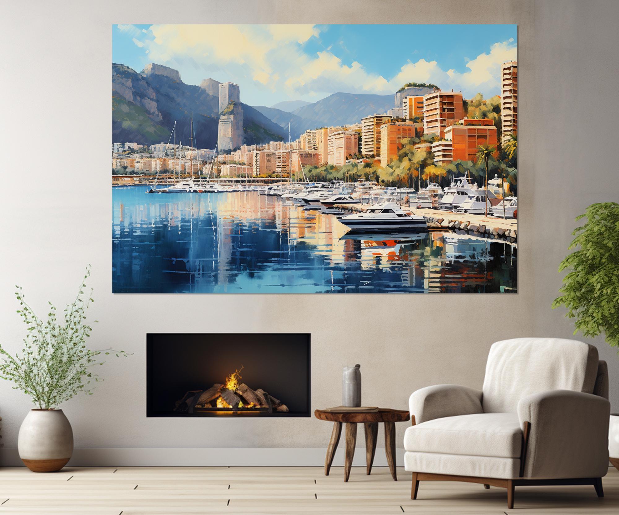 Abstrakte Monaco Malerei Leinwanddruck, Monaco Skyline, Monte Carlo Wandkunst, Monaco Poster, Monaco Wandkunst, gerahmt und fertig zum Aufhängen