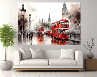 Impresión en lienzo de un autobús londinense, arte mural londinense, Londres en blanco y negro, centro de Londres abstracto, impresión londinense, enmarcada y lista para colgar.
