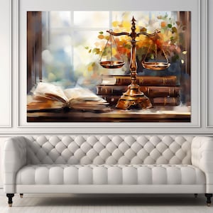 Quadro da parete Justice, dipinto a olio su tela in stile vintage con bilancia della giustizia, regalo per giudice, decorazione per studio legale, incorniciato e pronto da appendere.
