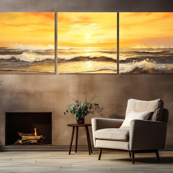 Beautiful Sunset over Ocean Canvas Print, Scenic Ocean Sunset Painting, Ocean Wall Art, Sea Sunset Poster, Framed and Ready to Hang