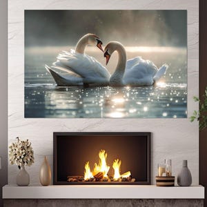 Impresión en lienzo de cisnes, arte de pared de amor, pintura de cisnes enamorados, regalo de aniversario, regalo romántico, póster de pareja de cisnes, enmarcado y listo para colgar.