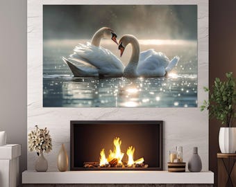 Schwäne Leinwanddruck, Liebe Wandkunst, Schwäne in Liebe Malerei, Jubiläumsgeschenk, Romantisches Geschenk, Schwäne Paar Poster, gerahmt und fertig zum Aufhängen