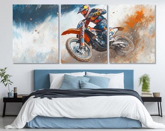 Grande stampa su tela di motocross, decorazione murale per moto da cross, regalo per motociclisti, decorazione murale di motocross, dipinto di motocross, incorniciato e pronto da appendere.