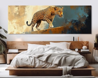 Obraz na płótnie z majestatycznym lampartem, sztuka ścienna ze zwierzętami, abstrakcyjny obraz z lampartem, plakat z lampartem, oprawiony i gotowy do powieszenia