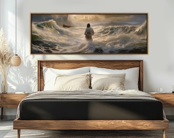 Canvas Jezus loopt op het water canvasafdruk, religieuze schilderkunst, Jezus Christus op water schilderij, religieuze kunst aan de muur, bijbelse scène canvas