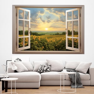 Open Window with Sunflowers Field View Painting Canvas Print, Faux Window Wall Art, Framed and Ready to Hang