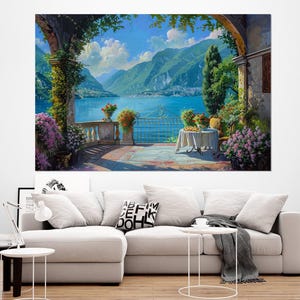 Malerische Comer See Leinwand Druck, Comer See Malerei, Lombardia, Italien Wandkunst, Como Poster, Italienische See Malerei, gerahmt und fertig zum Aufhängen