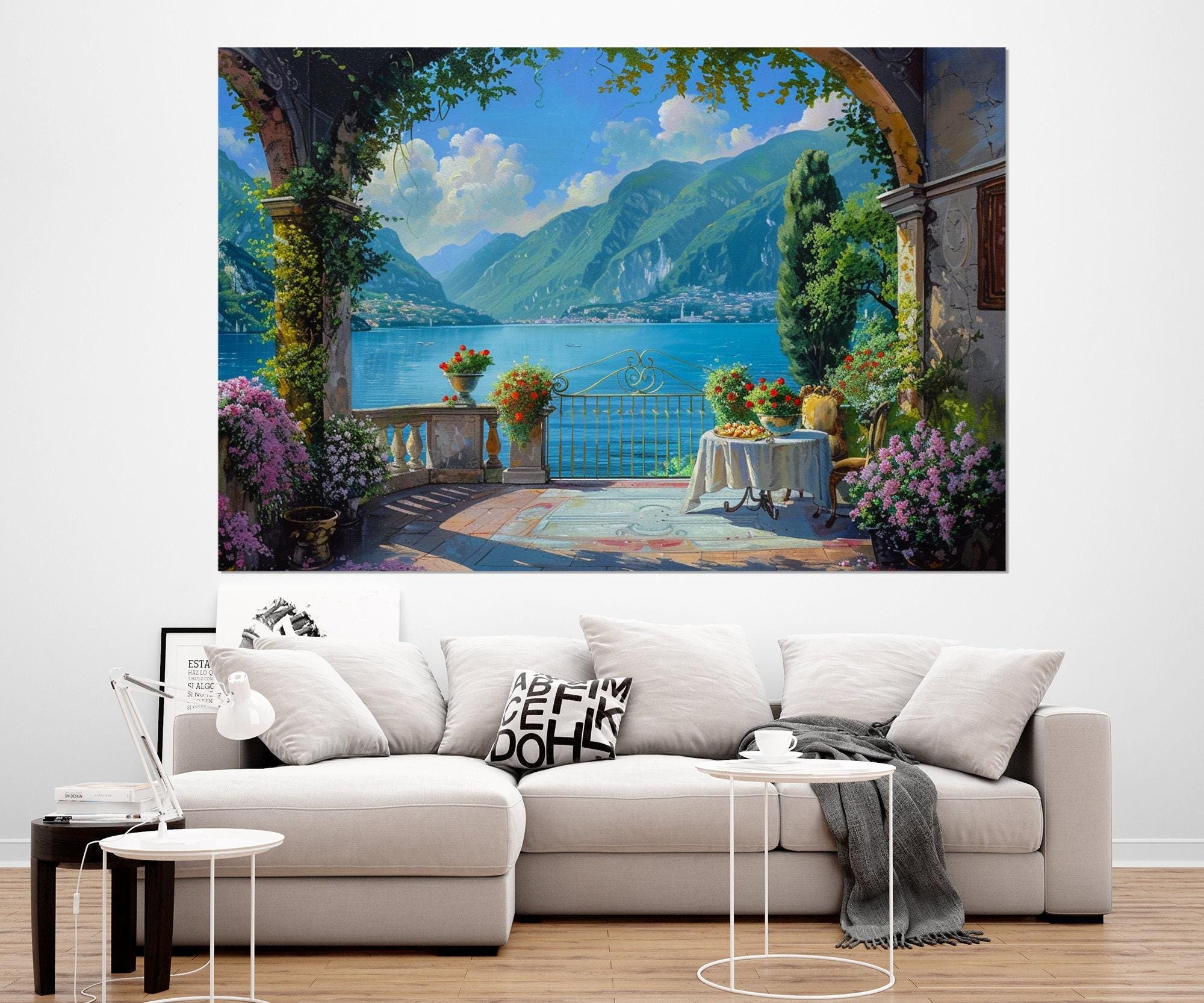 Scenic Como Lake Canvas Print, Lake Como Painting, Lombardia, Italy Wall Art, Como Poster, Italian Lake Painting, Framed & Ready to Hang