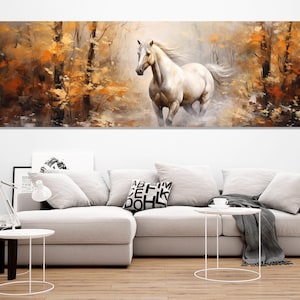 Stampa su tela raffigurante un cavallo bianco, grande dipinto di un cavallo nella foresta autunnale, decorazione da parete con cavalli, incorniciata e pronta da appendere.