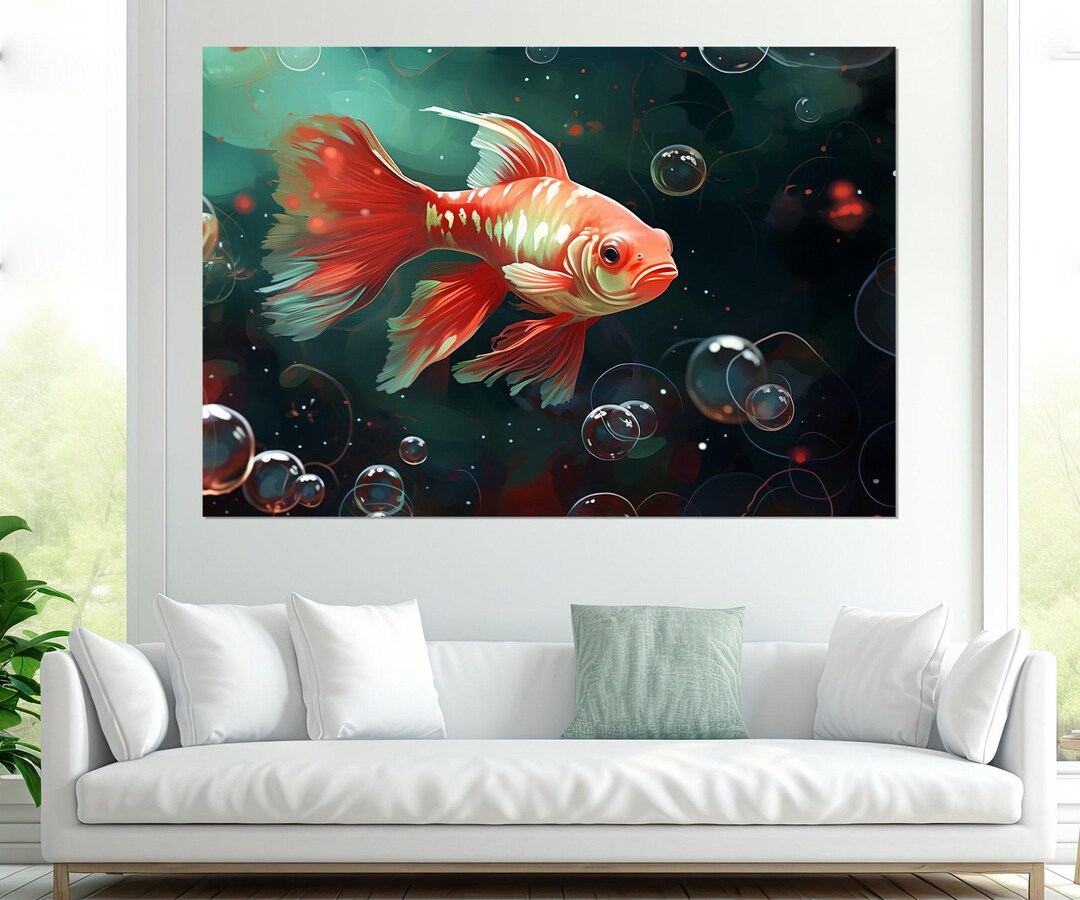 Abstract Fish Painting Canvas Print, Gold Fish Wall Art, Aquarium Fish ...