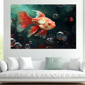 Abstract Fish Painting Canvas Print, Gold Fish Wall Art, Aquarium Fish Canvas Art, Nautical Wall  Decor, Framed and Ready to Hang