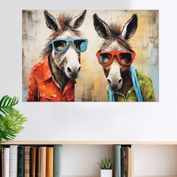 Donkey Dudes in Glasses Peinture abstraite, Impression sur toile d’ânes élégants, Décoration de chambre d’enfants, Art mural de chambre d’enfant, Encadré et prêt à accrocher