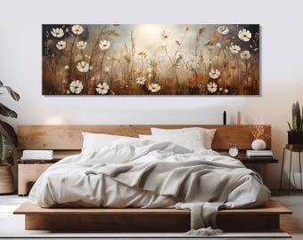 Moonlit Wildflowers Field Canvas Print, White Flowers Field Painting, Framed and Ready to Hang