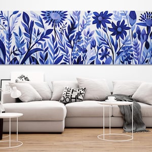Impresión en lienzo de flores silvestres abstractas azul marino, pintura botánica, decoración de pared floral, arte mural botánico, enmarcado y listo para colgar.