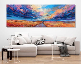 May include: An abstract landscape painting with a road leading into the distance under a dramatic sky. The artwork features a palette of blues, oranges, and purples, with textured brushstrokes. The painting is displayed above a white sofa.