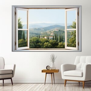 Open Window Canvas Print, Green Mountains Window View Painting, Window Wall Art, Framed and Ready to Hang