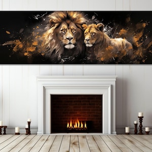 Impression sur toile Lions amoureux, peinture lion et lionne, art mural romantique, décoration murale de chambre à coucher, art sur toile de chambre à coucher, encadré et prêt à accrocher