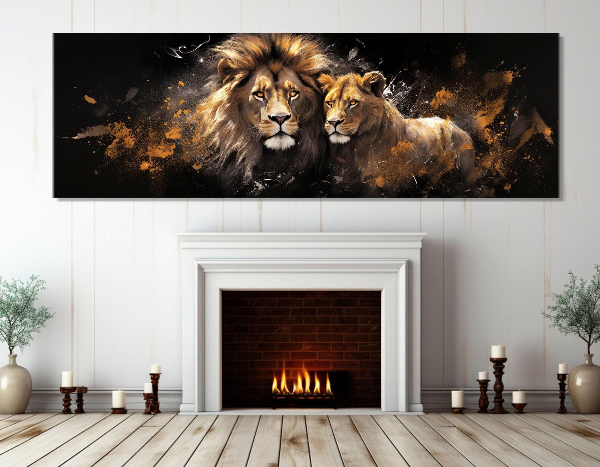 Lions in Love Canvas Print, Lion and Lioness Painting, Romantic Wall ...