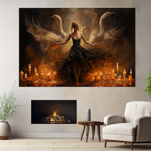 Black Swan Ballerina Painting Canvas Print, Ballet Wall Art, Ballet Studio Decor, Ballerina Gift, Ballet Poster, Framed and Ready to Hang