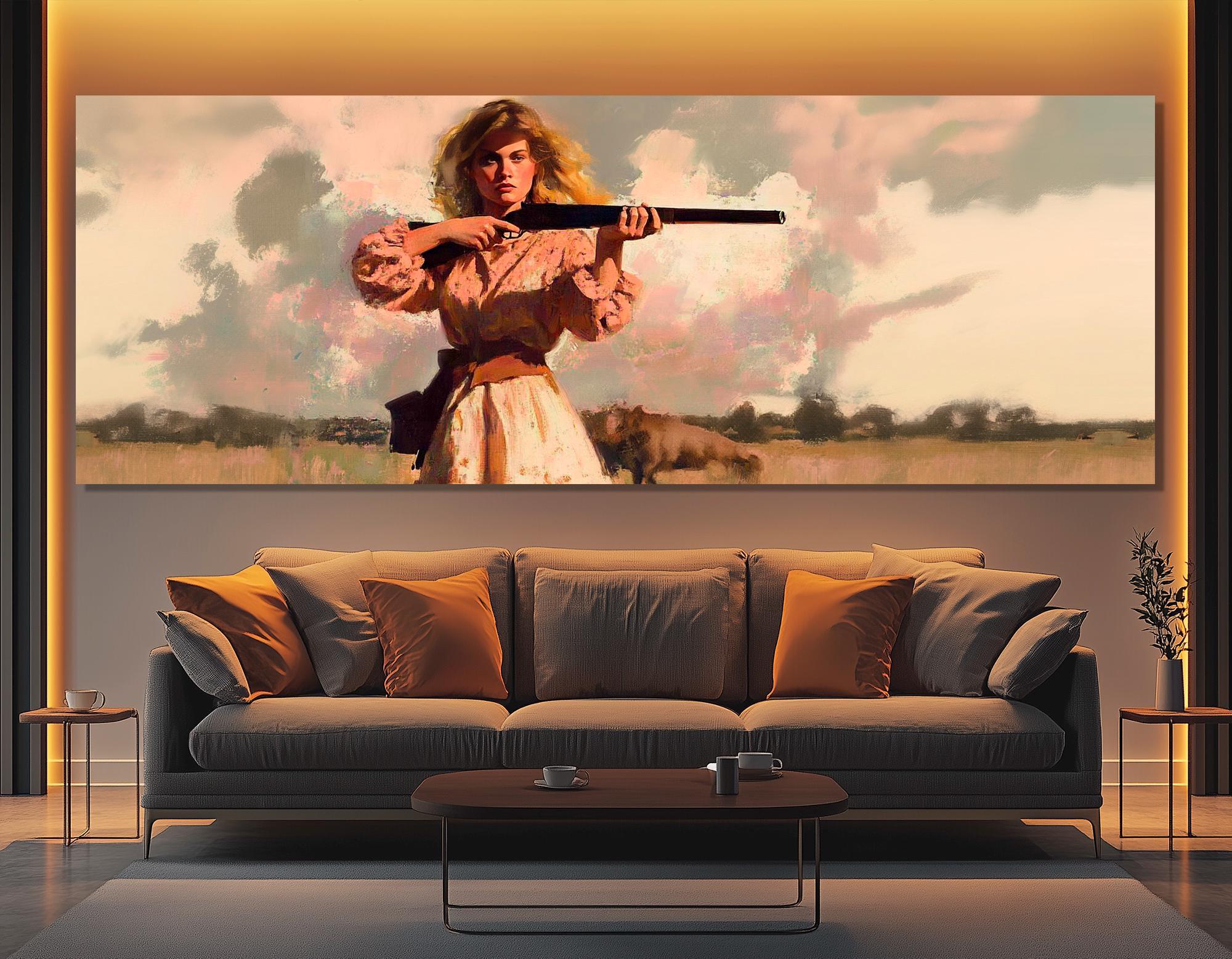 プリント 8x10銃を持つ女性のアートワーク Woman With a Gun Retro Style Canvas Print, Retro Woman With Rifle